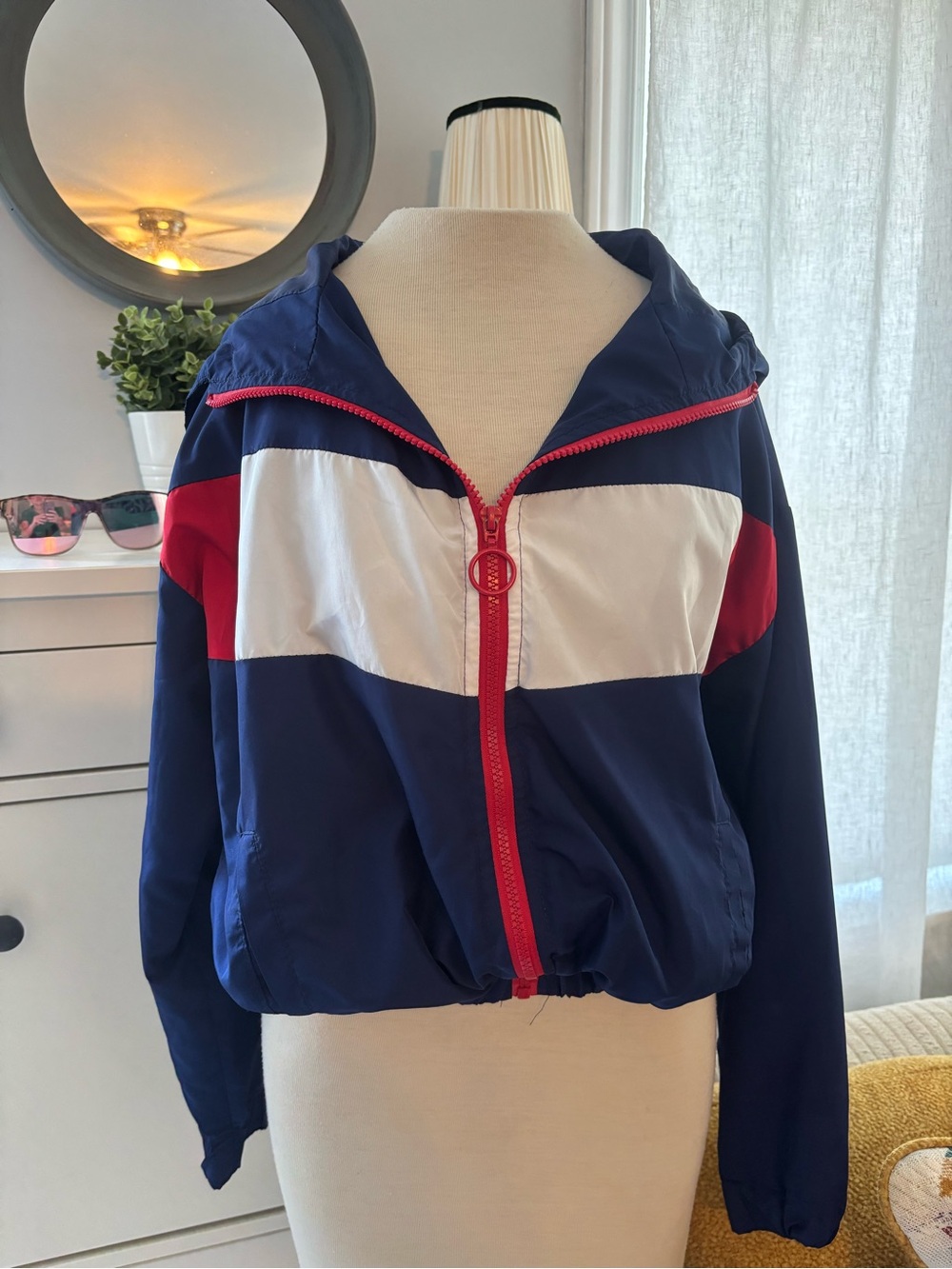 Urban Heritage Navy, White & Red Zip-Up Hooded lightweight Bomber Jacket